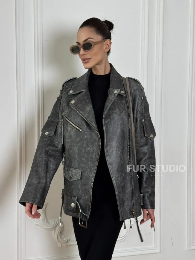 Косуха женская из натуральной кожи Vintage со шнуровкой - цвет серый - фото 9