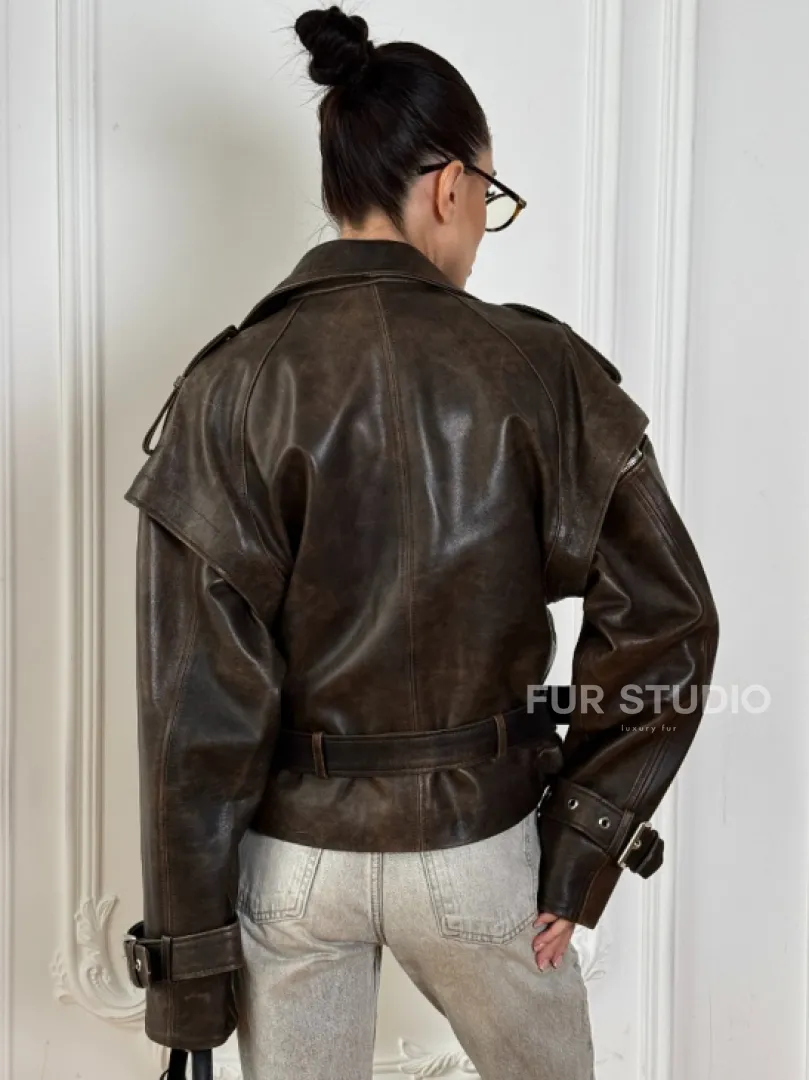 Женская косуха - жилет 2в1 трансформер из натуральной винтажной кожи