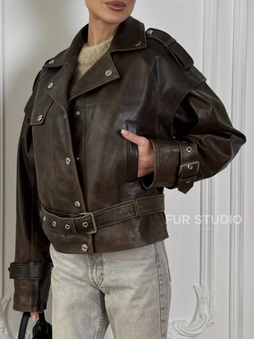 Женская косуха - жилет 2в1 трансформер из натуральной винтажной кожи - фото 4