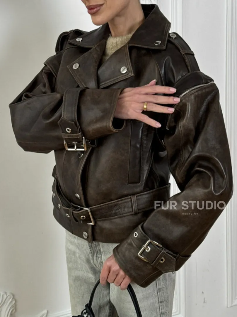 Женская косуха - жилет 2в1 трансформер из натуральной винтажной кожи - фото 1