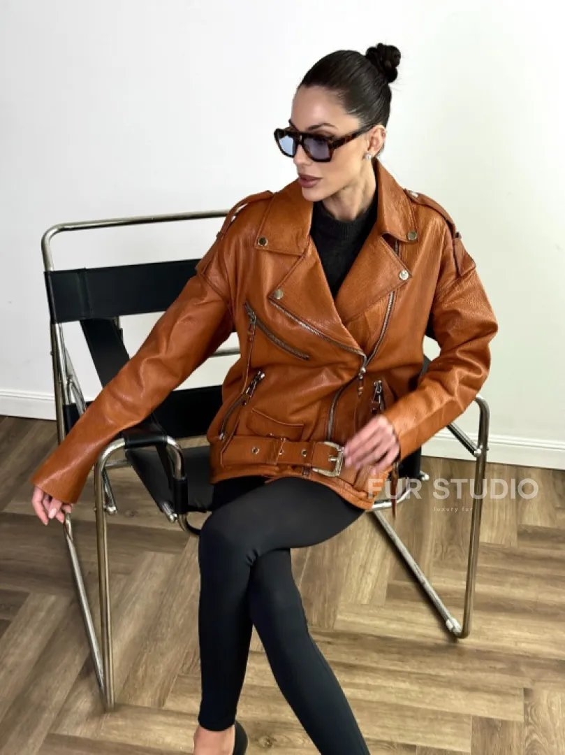 Удлиненная косуха «Прямой Оверсайз» из натуральной кожи whiskey - фото 5