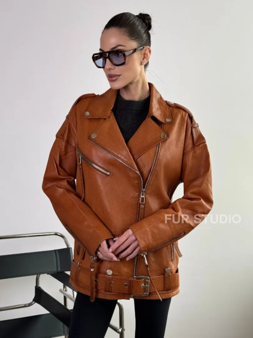 Удлиненная косуха «Прямой Оверсайз» из натуральной кожи whiskey - фото 0