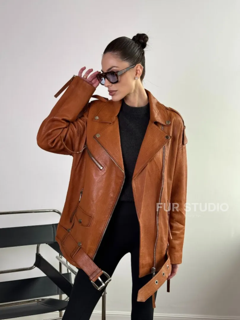 Удлиненная косуха «Прямой Оверсайз» из натуральной кожи whiskey - фото 9