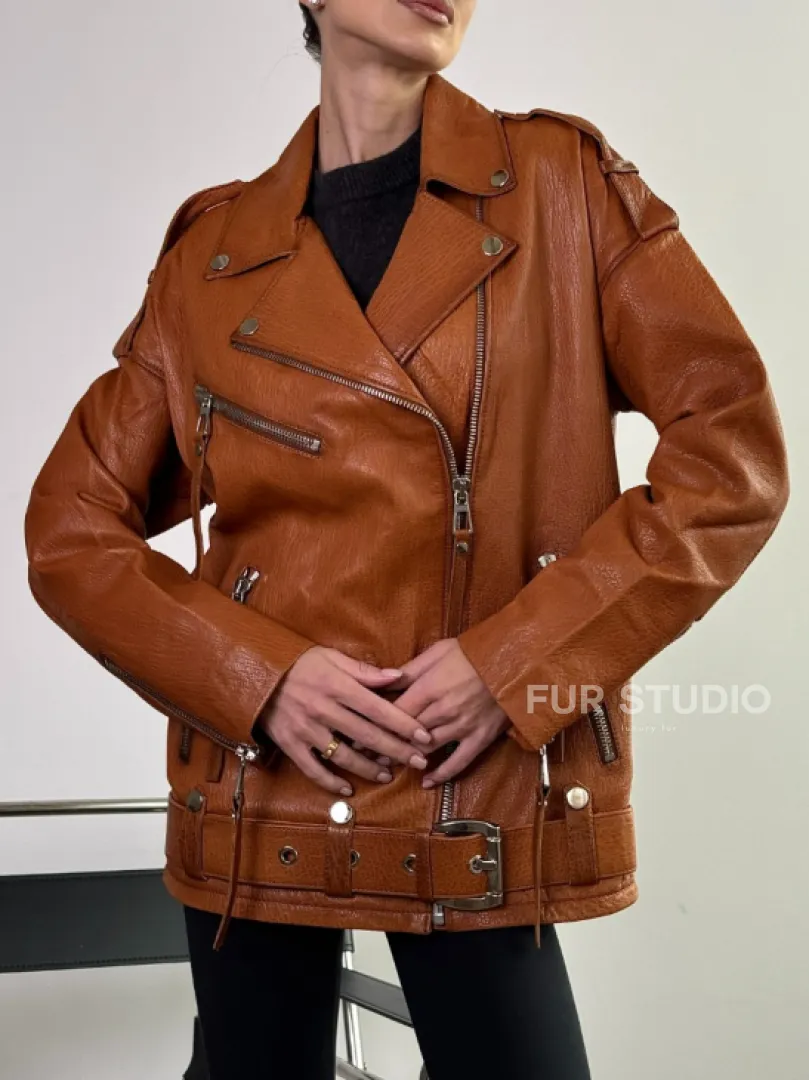 Удлиненная косуха «Прямой Оверсайз» из натуральной кожи whiskey - фото 2