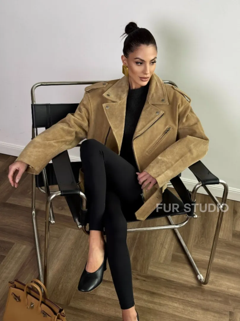 Косуха «Прямой Оверсайз» из мягкой кожи (замши) Camel - фото 10