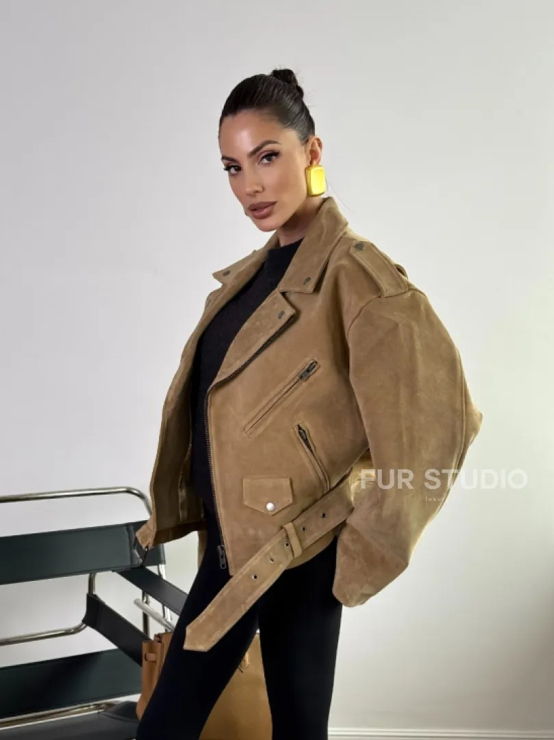 Косуха «Прямой Оверсайз» из мягкой кожи (замши) Camel - фото 8