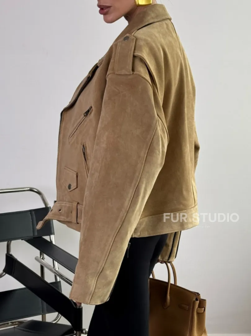 Косуха «Прямой Оверсайз» из мягкой кожи (замши) Camel - фото 3