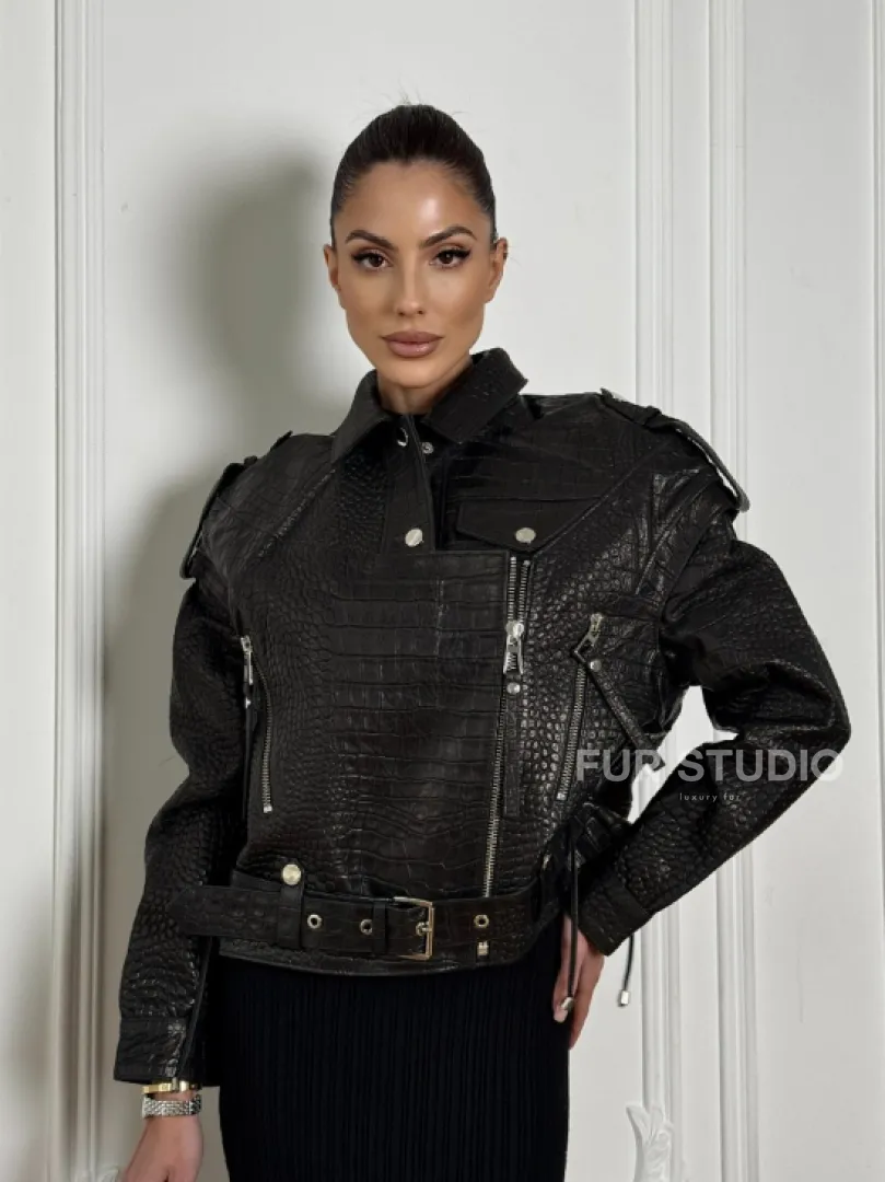 Укороченная куртка из натуральной кожи «CROCO» BLACK со шнуровкой на спине