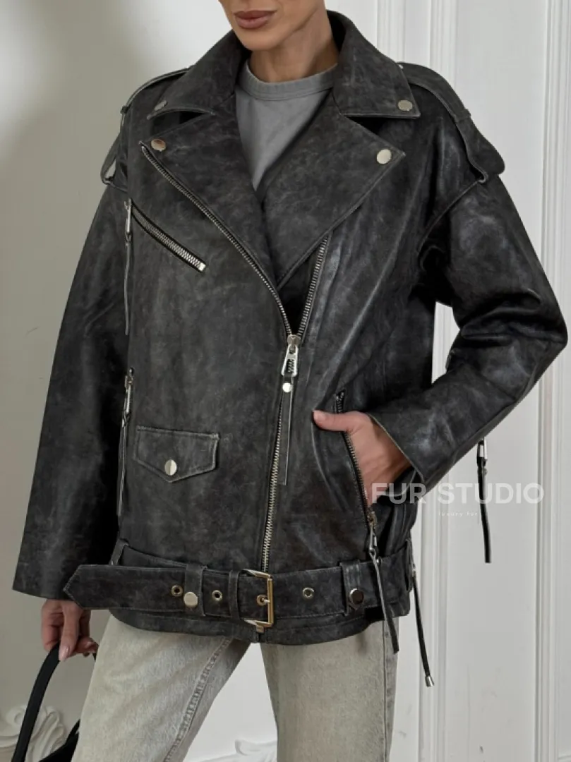 Женская кожаная куртка авиатор со шнуровкой на спине Dark grey - фото 2