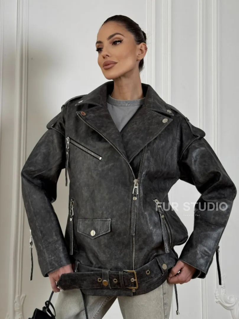 Женская кожаная куртка авиатор со шнуровкой на спине Dark grey - фото 0