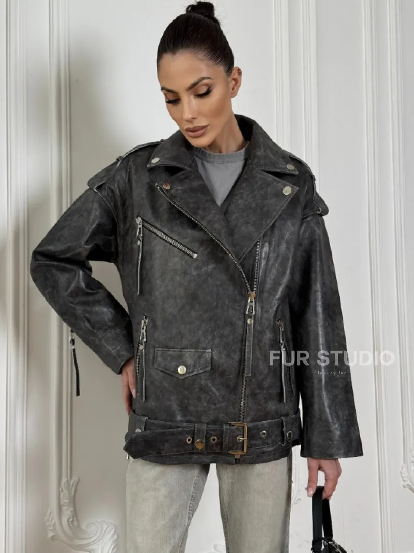 Женская кожаная куртка авиатор со шнуровкой на спине Dark grey - фото 3