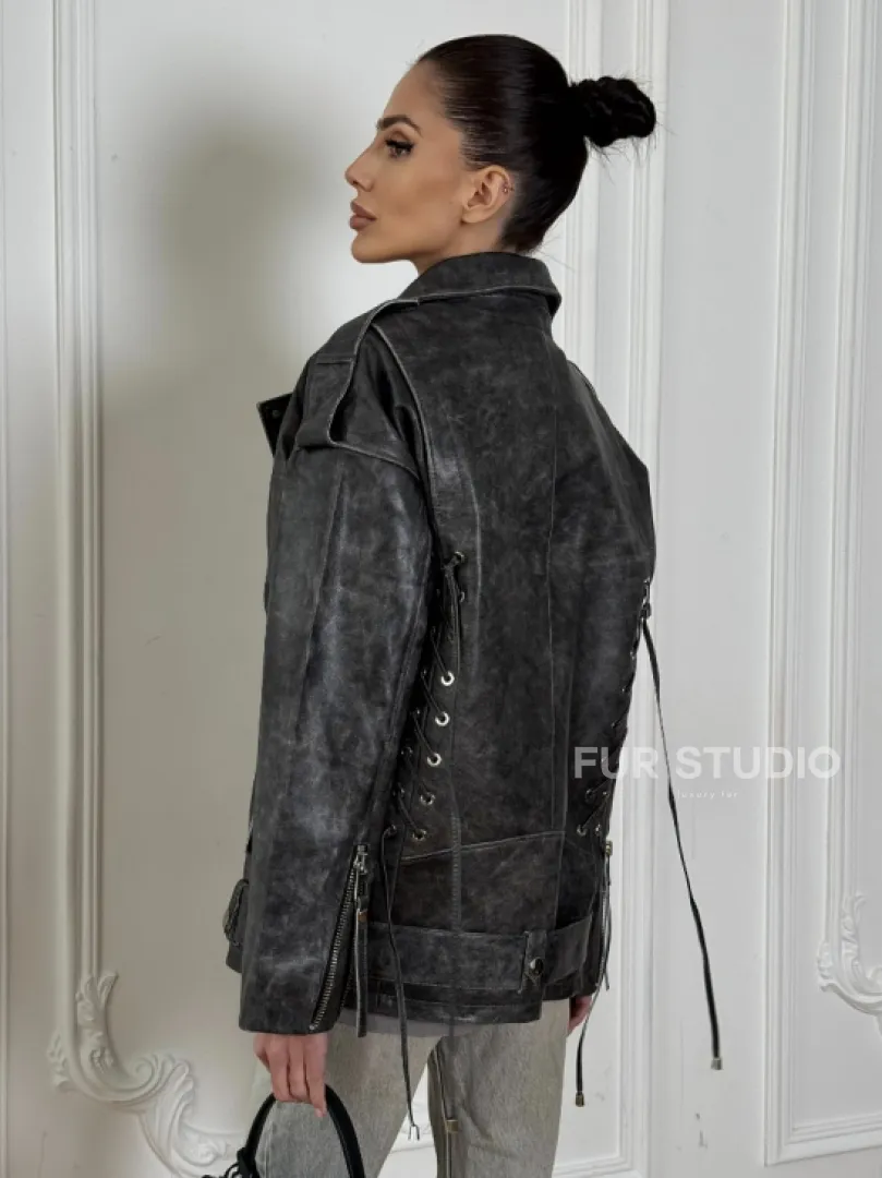 Женская кожаная куртка авиатор со шнуровкой на спине Dark grey - фото 4