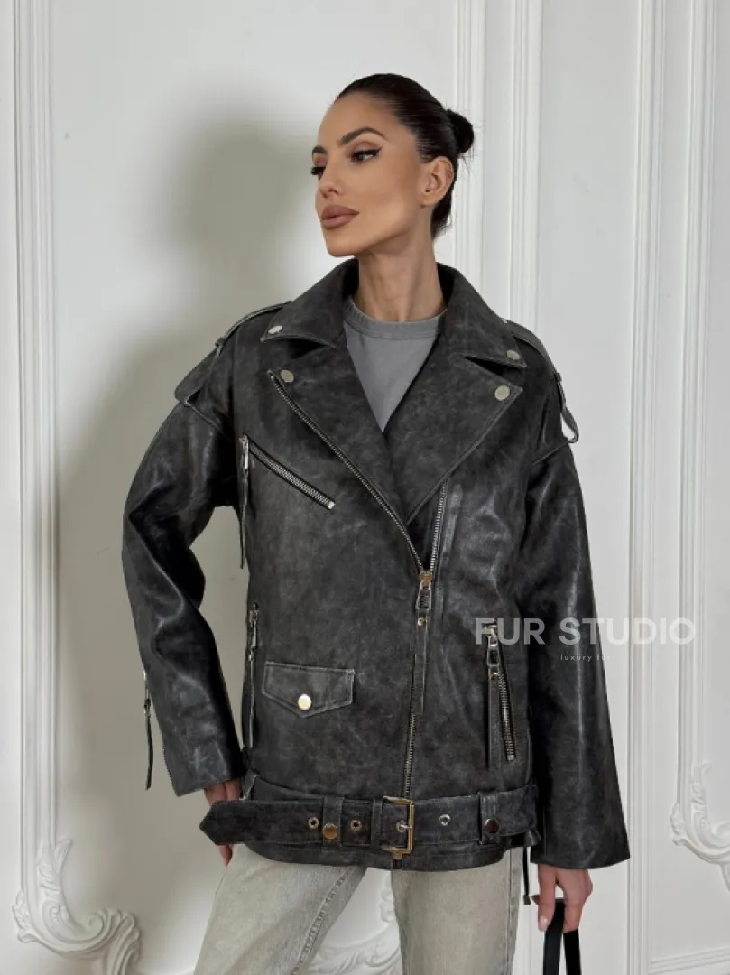 Женская кожаная куртка авиатор со шнуровкой на спине Dark grey - фото 9