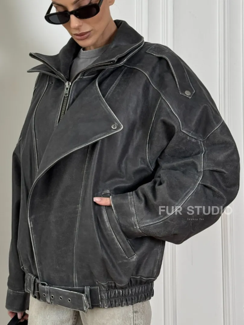 Кожаный женский бомбер Vintage grey с двойным воротником и затертыми швами - фото 1