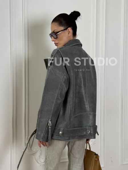 Винтажная кожаная косуха оверсайз - серый графит - фото 5