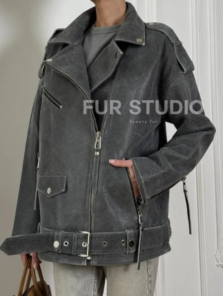 Винтажная кожаная косуха оверсайз - серый графит - фото 1