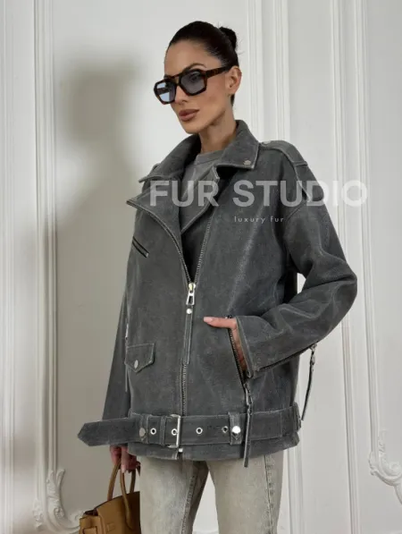 Винтажная кожаная косуха оверсайз - серый графит - фото 3