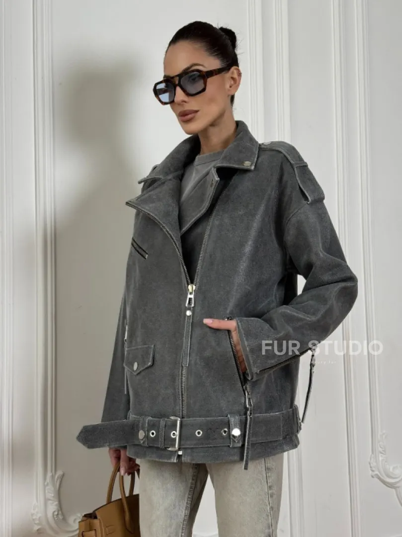 Винтажная кожаная косуха оверсайз - серый графит - фото 3