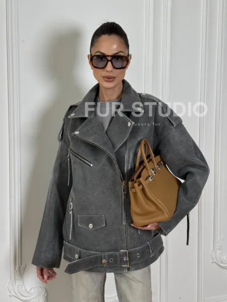 Винтажная кожаная косуха оверсайз - серый графит - фото 13