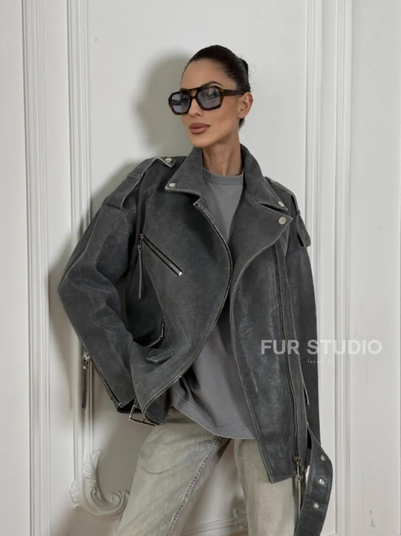 Винтажная кожаная косуха оверсайз - серый графит - фото 0