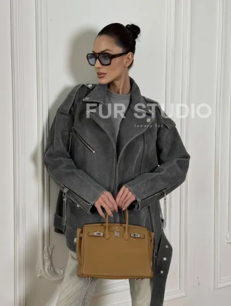 Винтажная кожаная косуха оверсайз - серый графит - фото 6