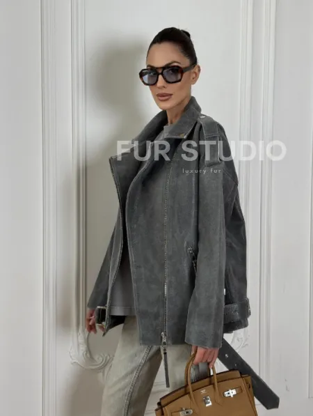 Винтажная кожаная косуха оверсайз - серый графит - фото 7