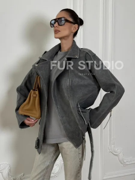 Винтажная кожаная косуха оверсайз - серый графит - фото 4