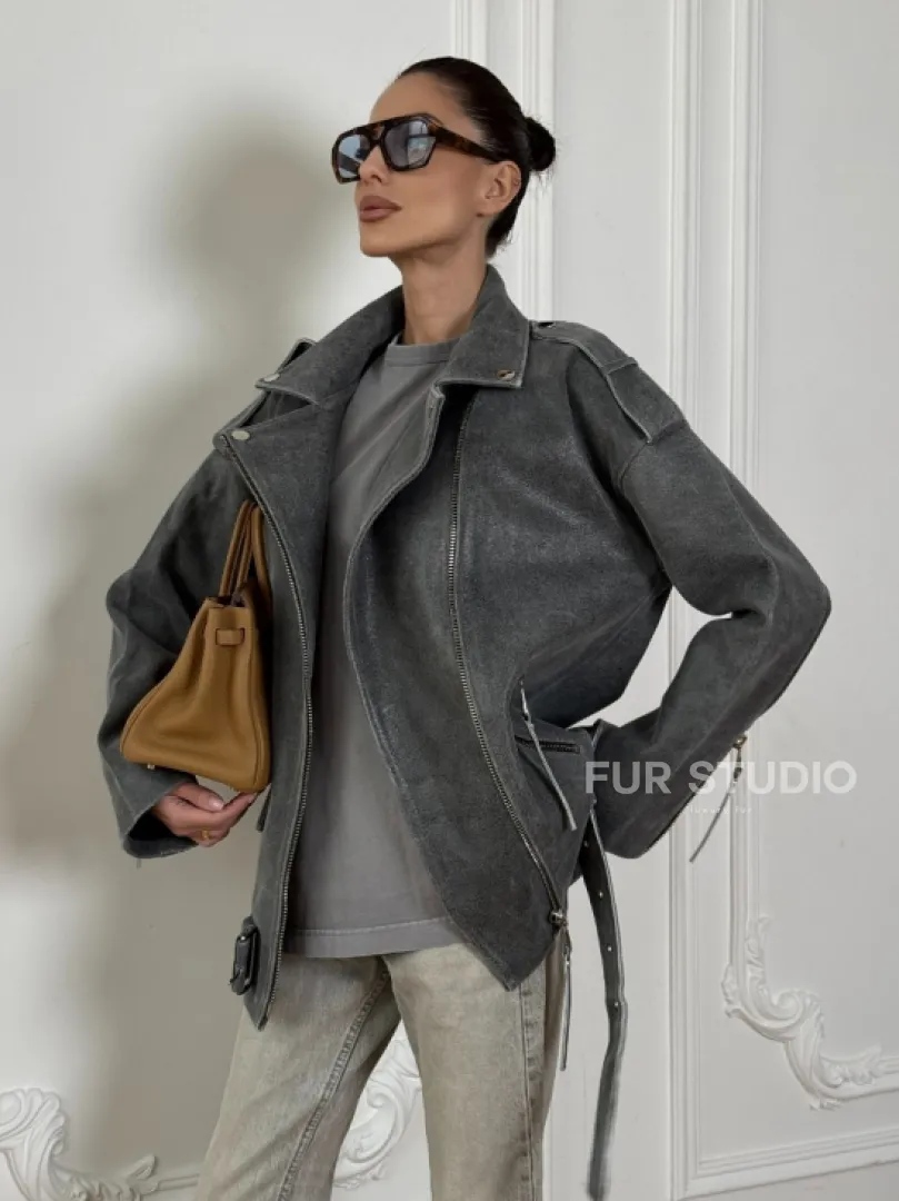 Винтажная кожаная косуха оверсайз - серый графит - фото 4