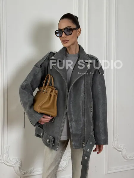 Винтажная кожаная косуха оверсайз - серый графит - фото 10