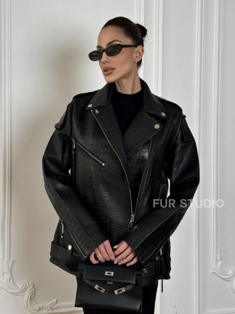 Total black удлиненная женская косуха из натуральной кожи CROCO с косой застежкой-молнией