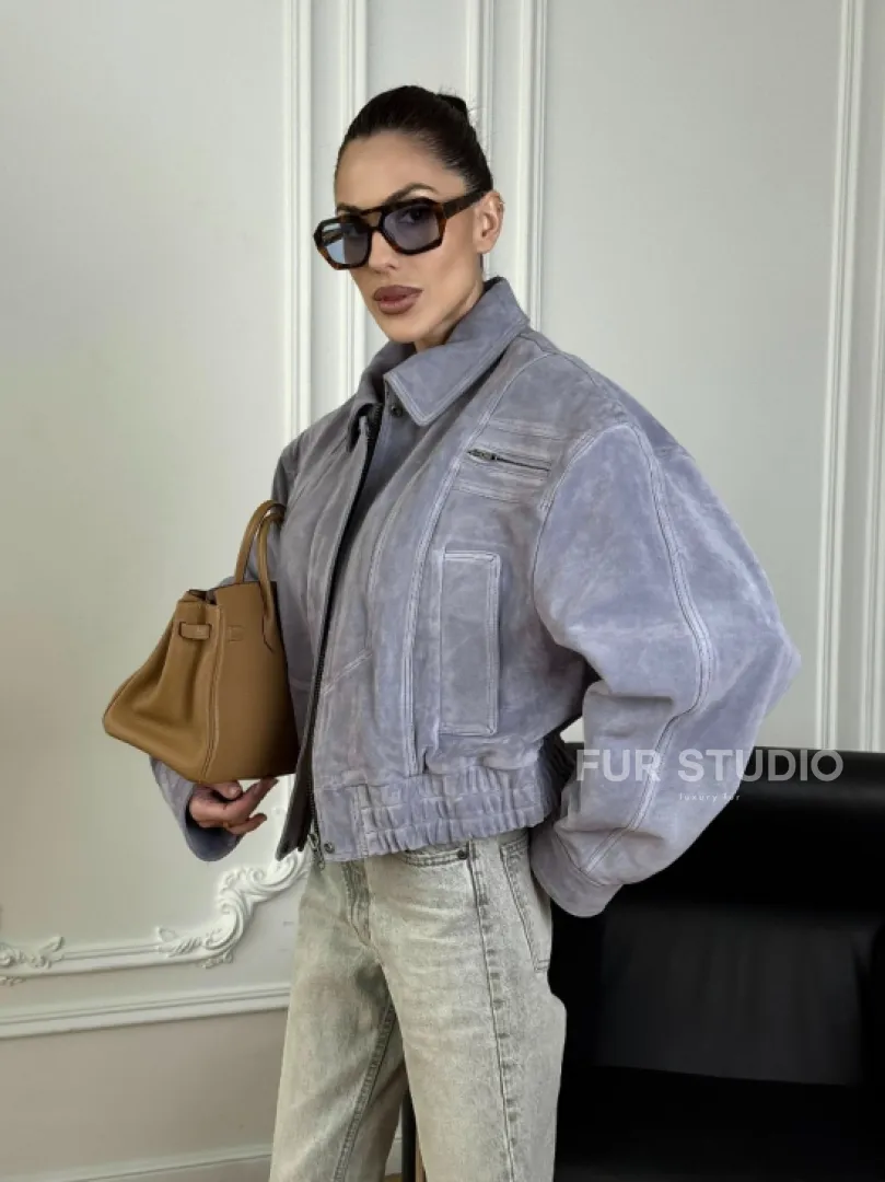 Бомбер - куртка весенняя оверсайз из натуральной кожи (замши) Grey blue - фото 6