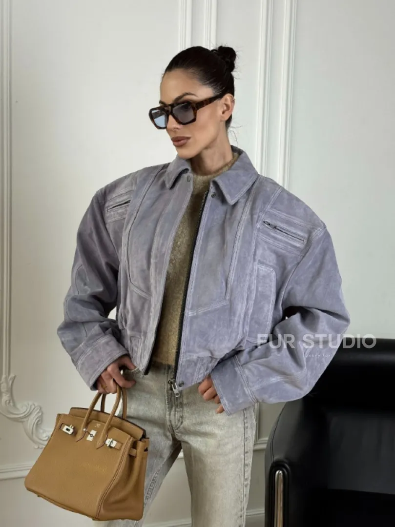 Бомбер - куртка весенняя оверсайз из натуральной кожи (замши) Grey blue - фото 7