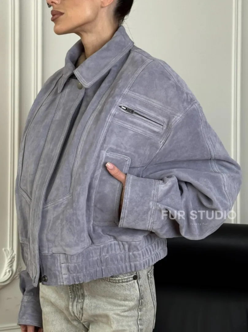 Бомбер - куртка весенняя оверсайз из натуральной кожи (замши) Grey blue - фото 1