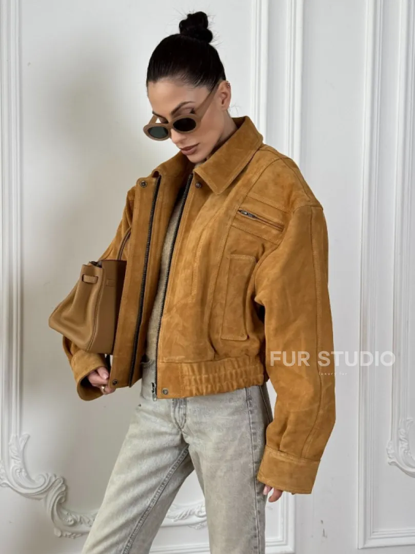 Женская замшевая куртка бомбер Camel  - «High street style»