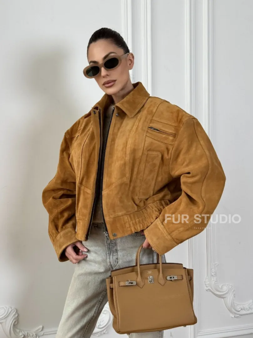 Женская замшевая куртка бомбер Camel  - «High street style»