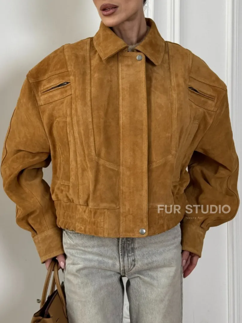 Женская замшевая куртка бомбер Camel  - «High street style» - фото 1