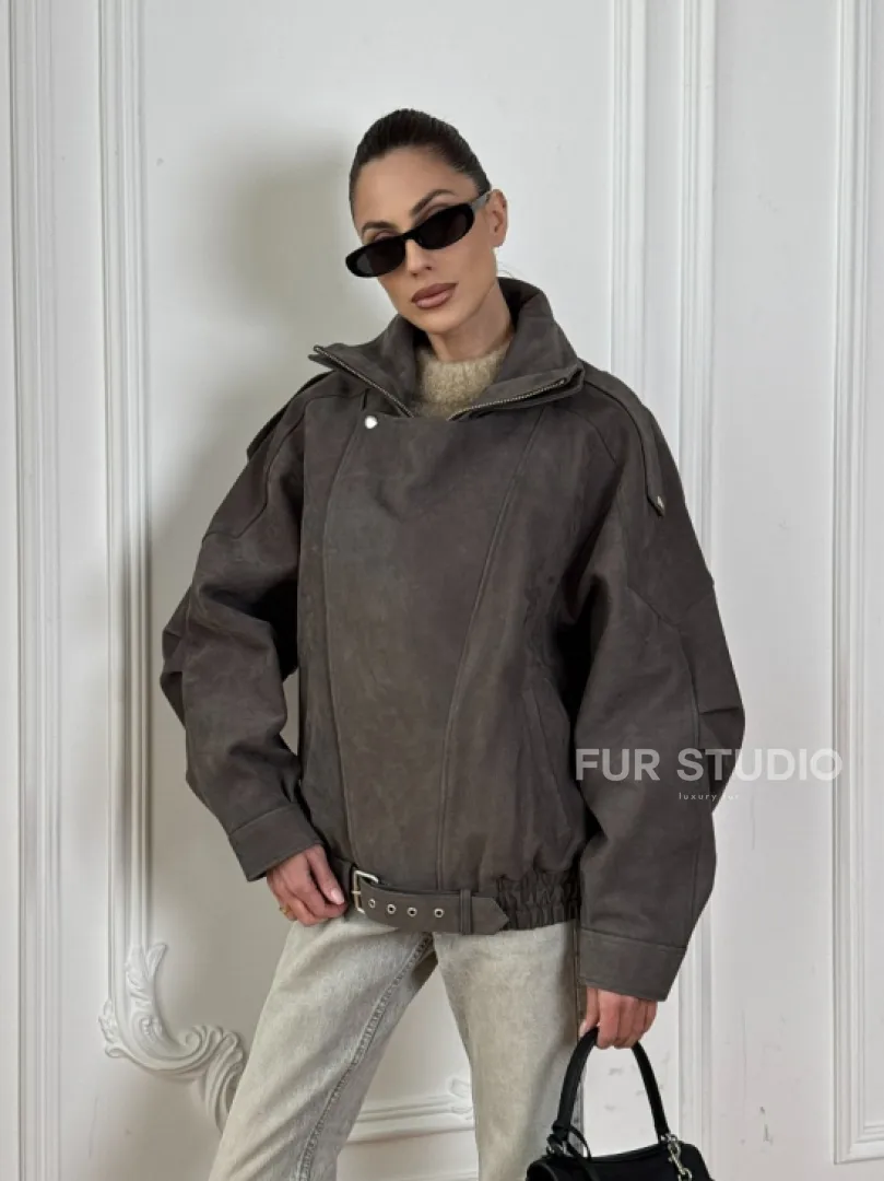 Современная куртка - бомбер из винтажной кожи Gray с двойным воротником - фото 10