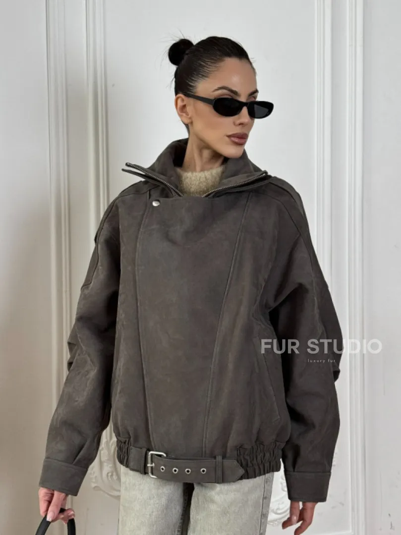 Современная куртка - бомбер из винтажной кожи Gray с двойным воротником - фото 8