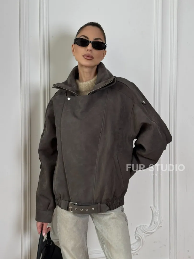 Современная куртка - бомбер из винтажной кожи Gray с двойным воротником - фото 11