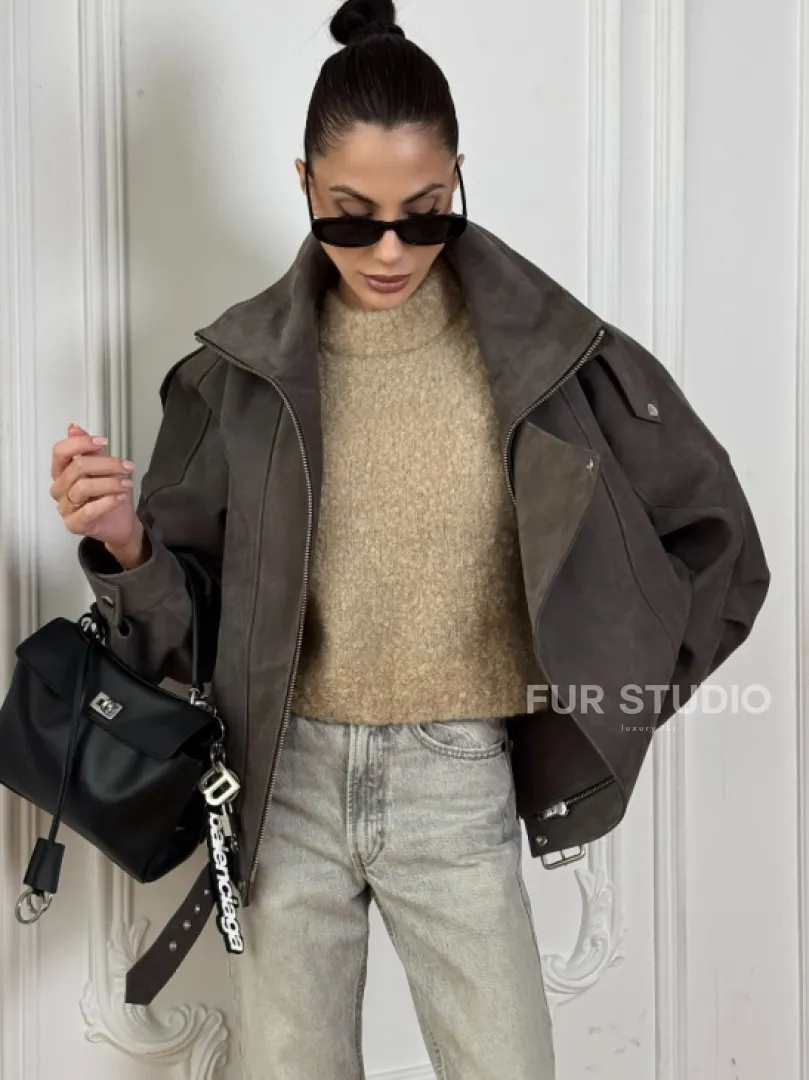 Современная куртка - бомбер из винтажной кожи Gray с двойным воротником - фото 2