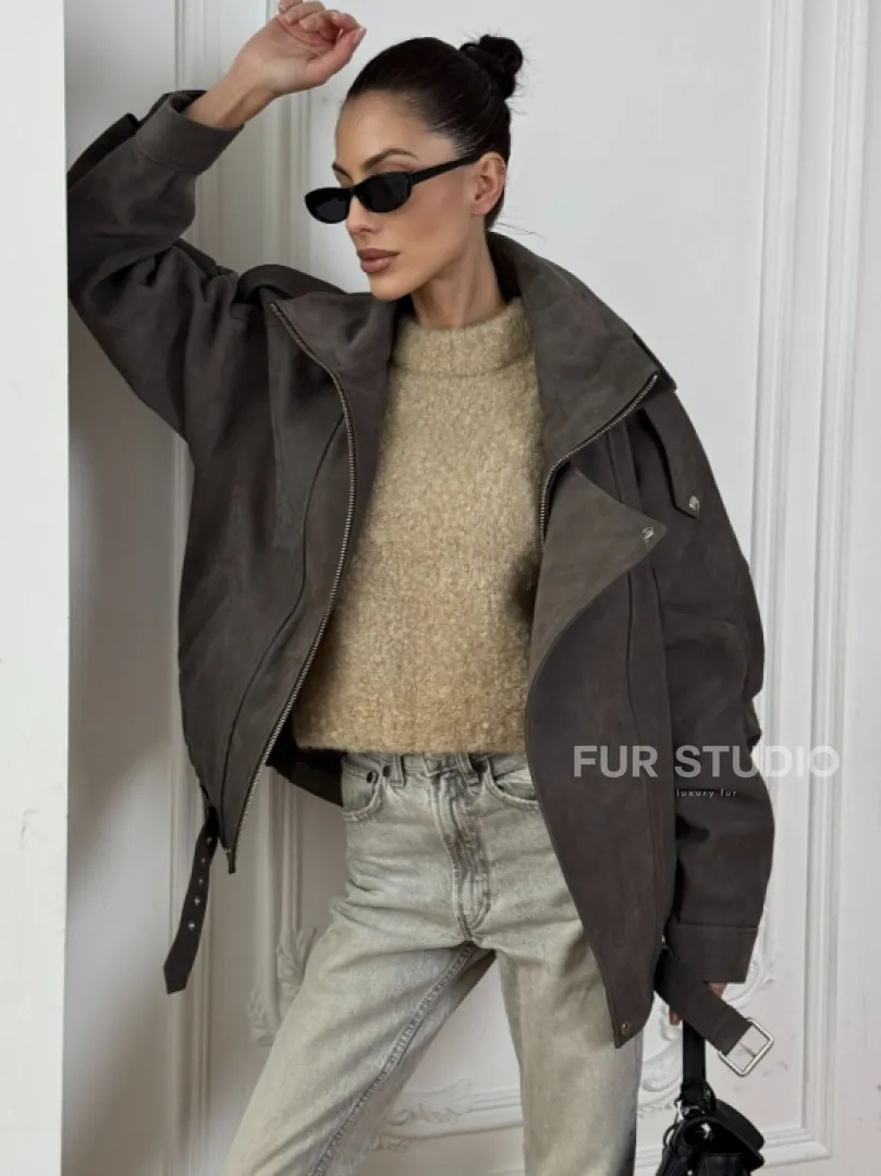 Современная куртка - бомбер из винтажной кожи Gray с двойным воротником - фото 0