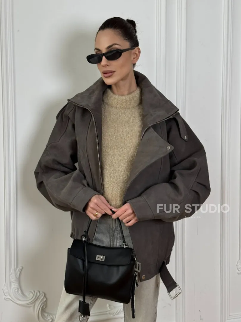 Современная куртка - бомбер из винтажной кожи Gray с двойным воротником