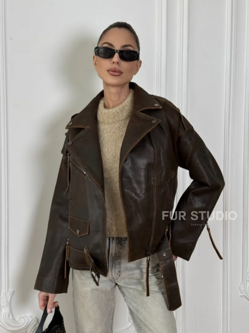 Vintage Brown кожаная куртка - косуха оверсайз с затертыми швами - фото 5