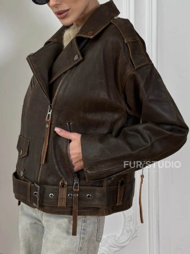 Vintage Brown кожаная куртка - косуха оверсайз с затертыми швами - фото 1