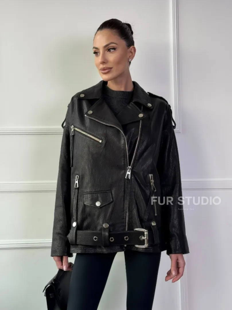 Классическая женская байкерская куртка - косуха из натуральной черной кожи Jumbo - фото 9