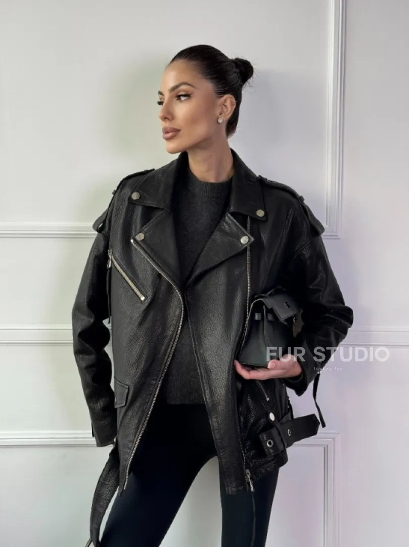 Классическая женская байкерская куртка - косуха из натуральной черной кожи Jumbo