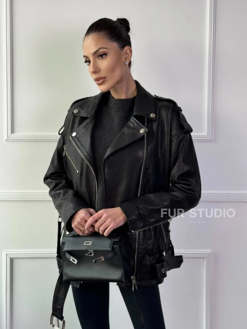 Классическая женская байкерская куртка - косуха из натуральной черной кожи Jumbo - фото 6