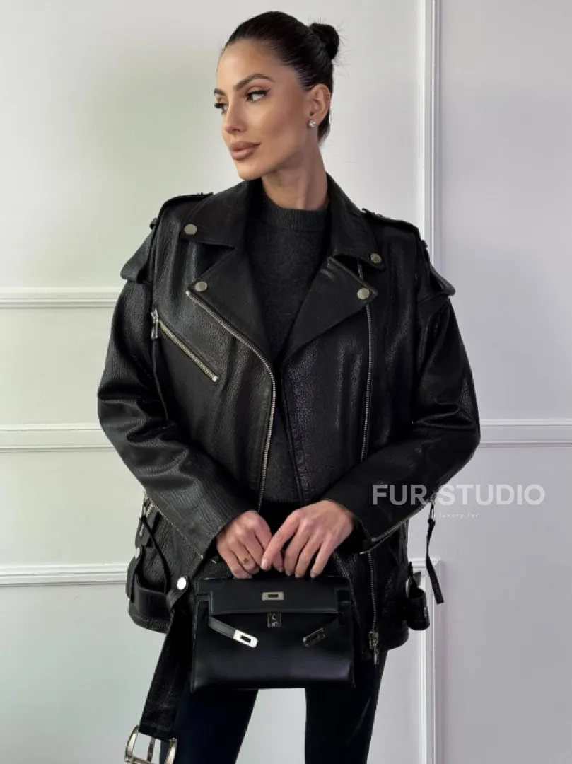 Классическая женская байкерская куртка - косуха из натуральной черной кожи Jumbo