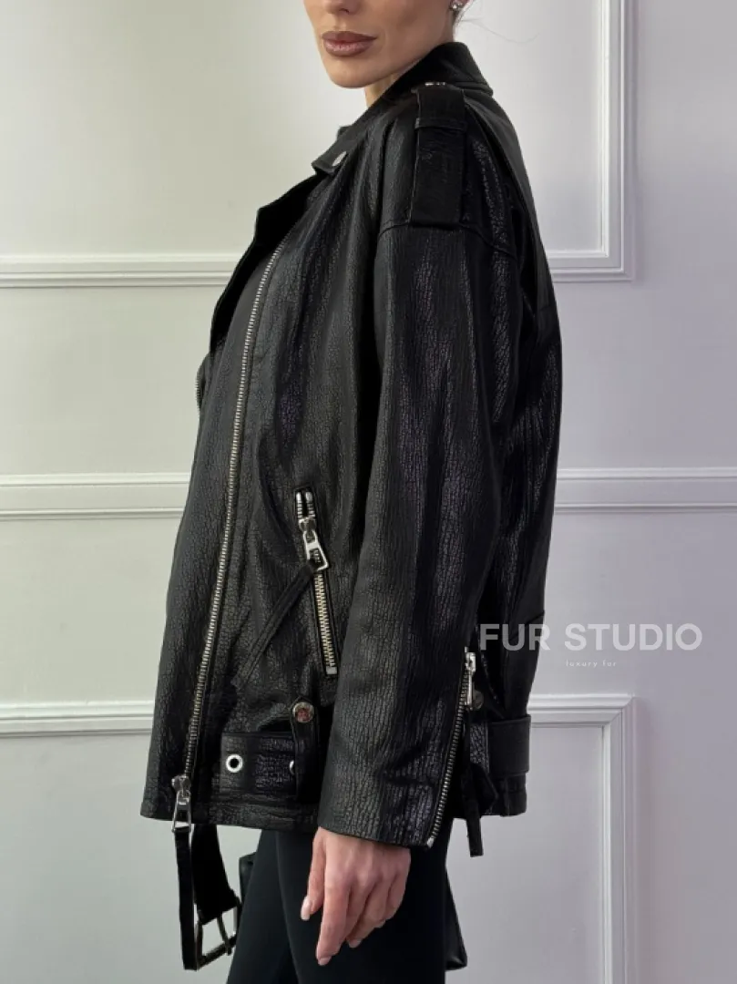 Классическая женская байкерская куртка - косуха из натуральной черной кожи Jumbo