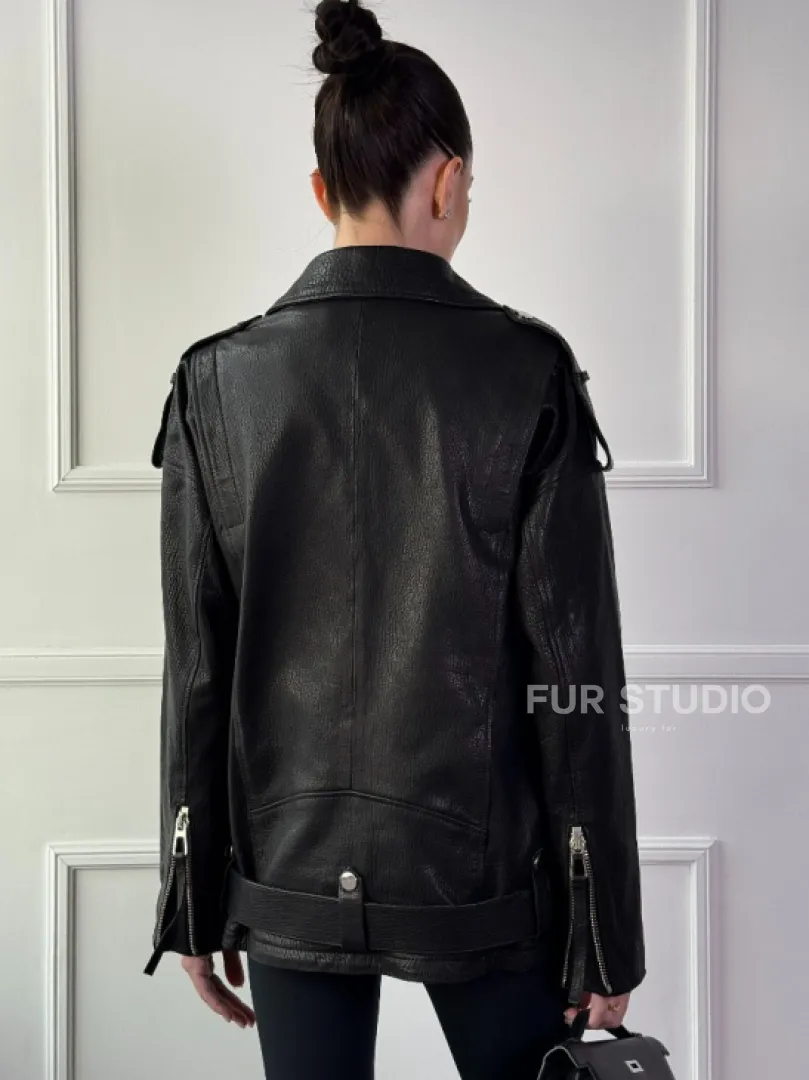Классическая женская байкерская куртка - косуха из натуральной черной кожи Jumbo